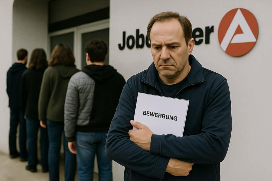 Bürgergeld-Empfänger mit Bewerbung vor Jobcenter – Symbolbild für fehlende Jobchancen auf dem Arbeitsmarkt.