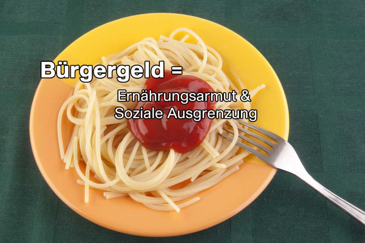 Spaghetti auf Teller mit Ketchup und Aufschrift Bürgergeld Ernährungsarmut & Soziale Ausgrenzung