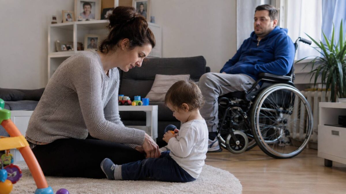 Mutter spielt mit ihrem Kleinkind auf dem Boden, im Hintergrund sitzt der Vater im Rollstuhl