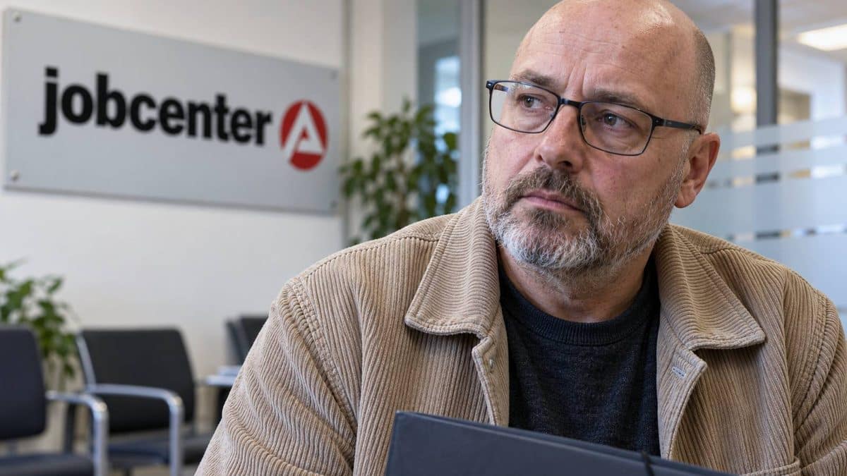 Mann mit Brille und Dokumentenmappe im Wartebereich eines Jobcenters