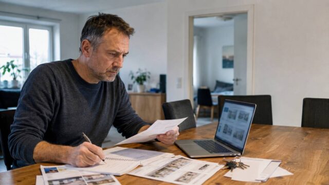 Mann sucht nach einer Trennung am Laptop nach einer günstigeren Wohnung und sortiert Unterlagen zur Miete.