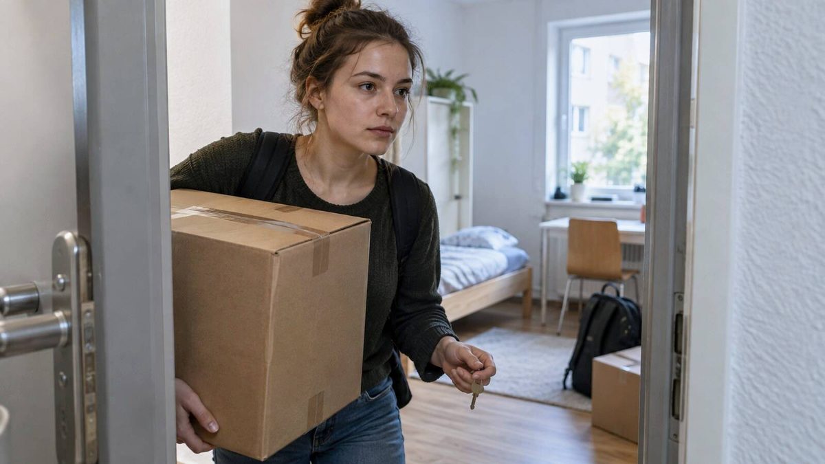 Junge Frau trägt einen Umzugskarton durch die Tür eines möblierten Zimmers