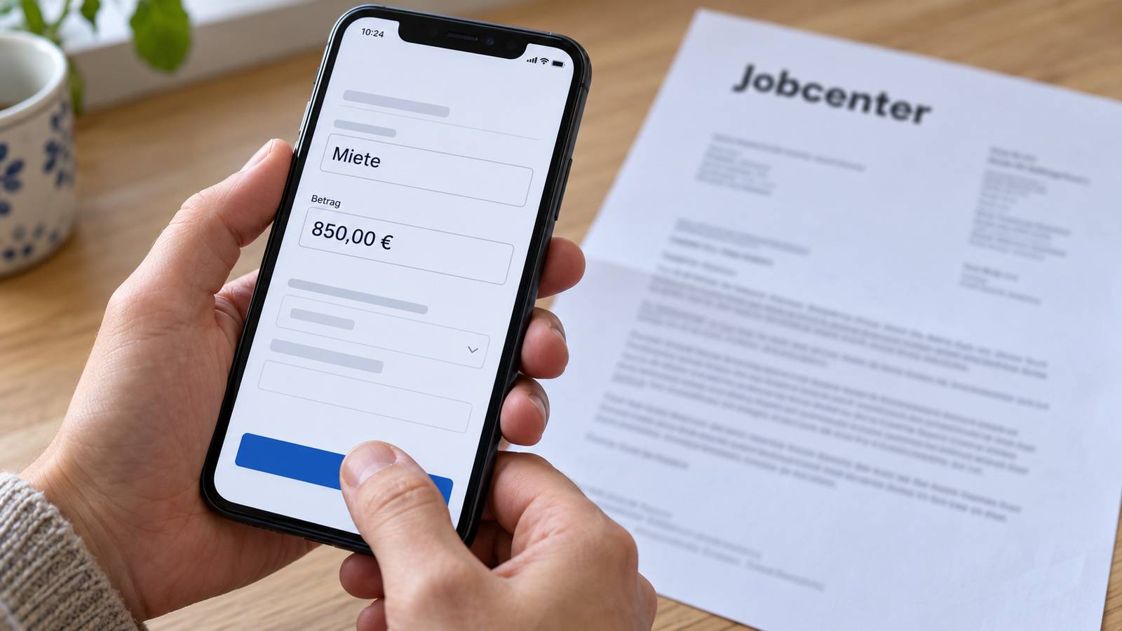 Hände bedienen ein Smartphone mit einer Mietüberweisung über 850 Euro, daneben liegt ein Jobcenter-Schreiben.