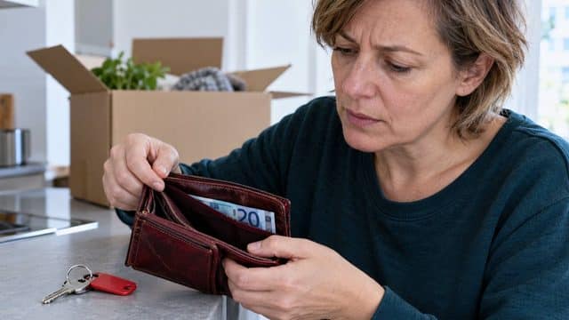 Frau prüft ihre Geldbörse neben Wohnungsschlüsseln, im Hintergrund steht ein Umzugskarton.