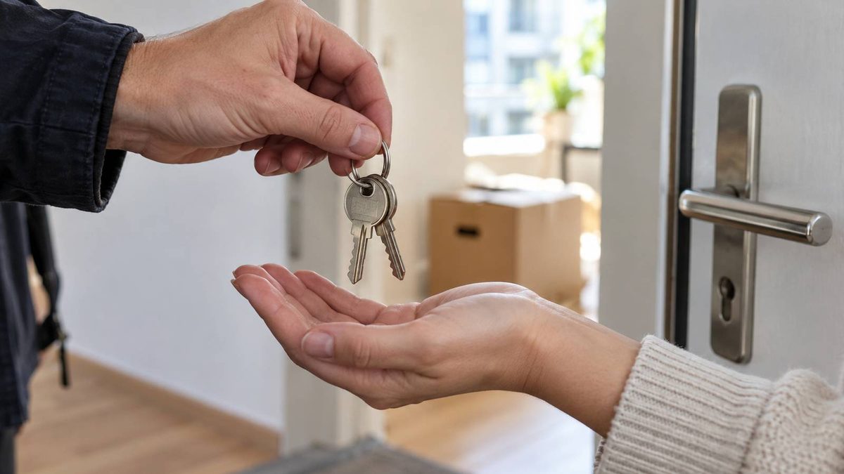 Wohnungsschlüssel werden an einer geöffneten Wohnungstür in eine ausgestreckte Hand übergeben.
