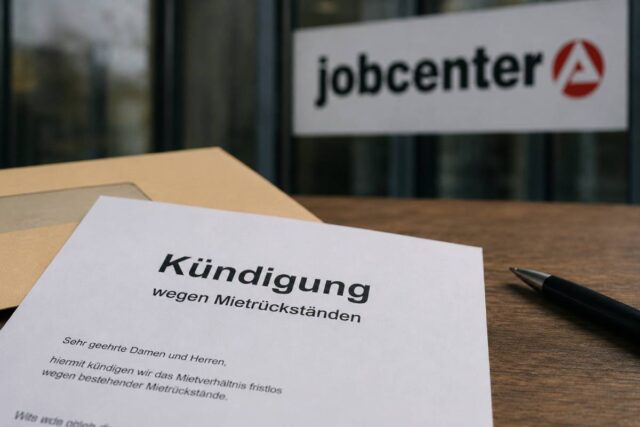 Kündigung wegen Mietschulden, im Hintergrund ist ein Jobcenter-Logo zu sehen.