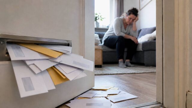 Ein überquellender Briefkastenschlitz mit gestapelten Briefen, im Hintergrund eine Frau, die erschöpft auf dem Sofa sitzt.