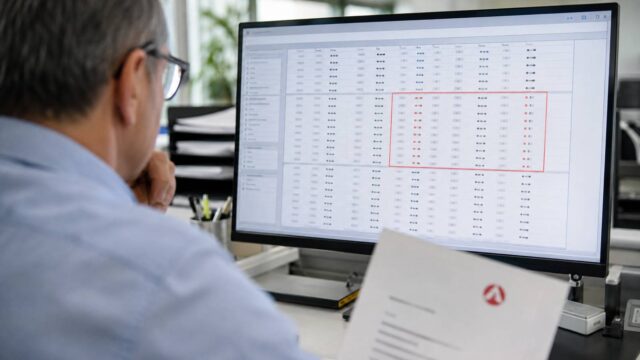 Sachbearbeiter prüft am Bildschirm auffällige Muster in Bürgergeld-Zahlungsdaten