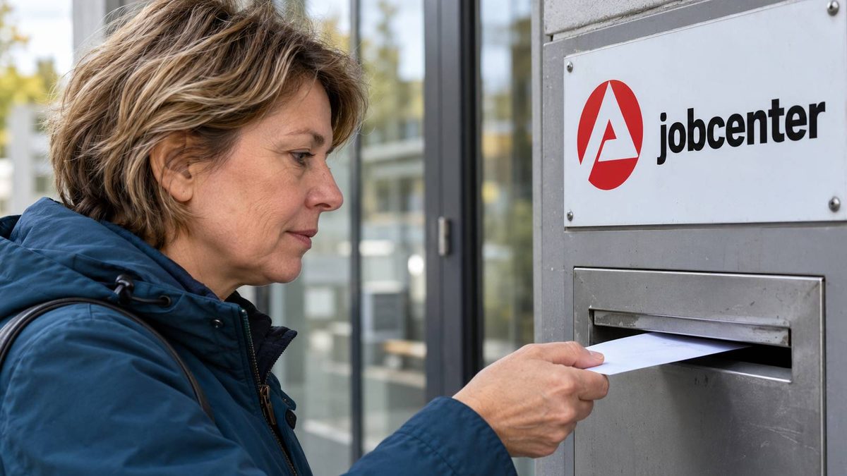Frau wirft einen Brief in den Briefkasten des Jobcenters.