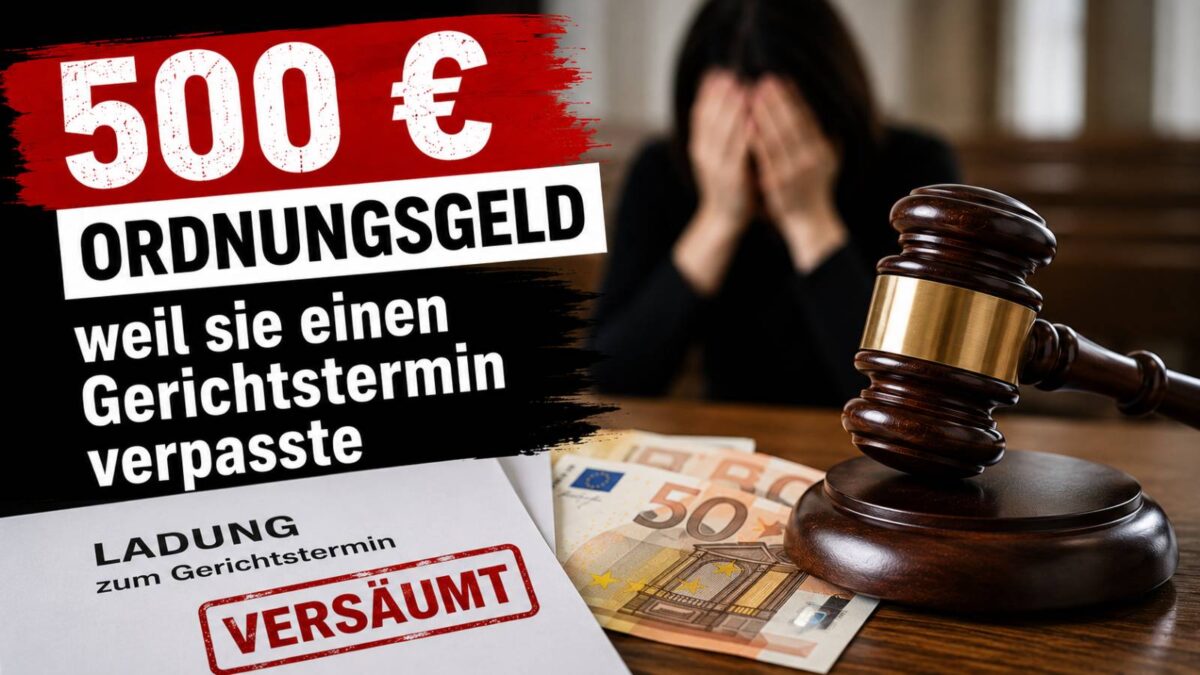 Richterhammer neben einer Gerichtsladung und Geldscheinen – Symbolbild für ein Ordnungsgeld nach einem versäumten Gerichtstermin im Bürgergeld-Verfahren.