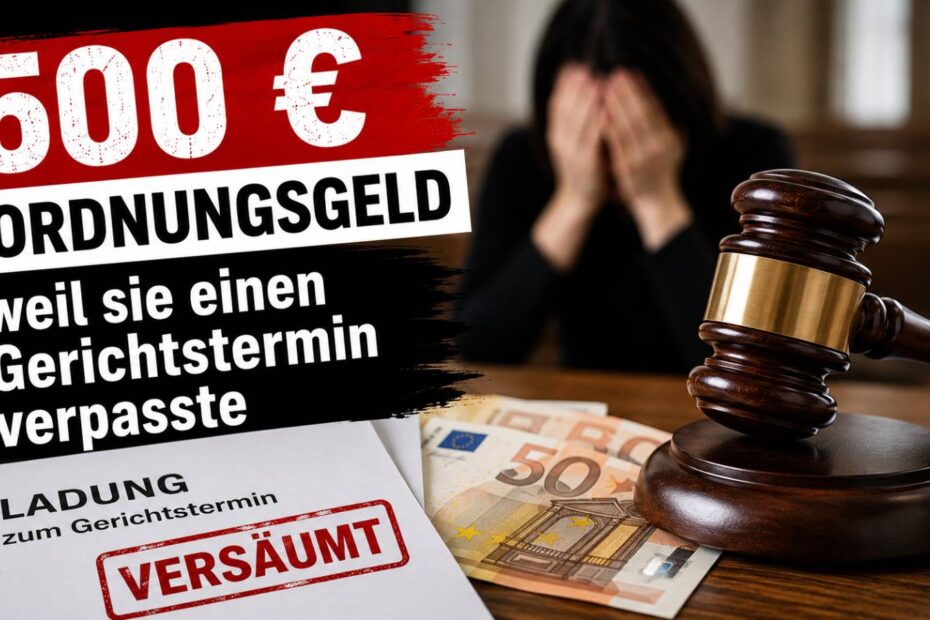 Richterhammer neben einer Gerichtsladung und Geldscheinen – Symbolbild für ein Ordnungsgeld nach einem versäumten Gerichtstermin im Bürgergeld-Verfahren.
