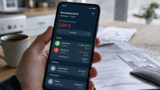 Hand hält Smartphone mit Bankapp: Bürgergeld-Eingang vom Jobcenter und Pfändungsabgang lassen den Kontostand auf 0,00 Euro sinken