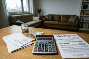 Nahaufnahme eines Bescheids zum Grundsicherungsgeld 2026, Taschenrechner mit Minusbetrag und Mietmahnung auf einem Tisch.