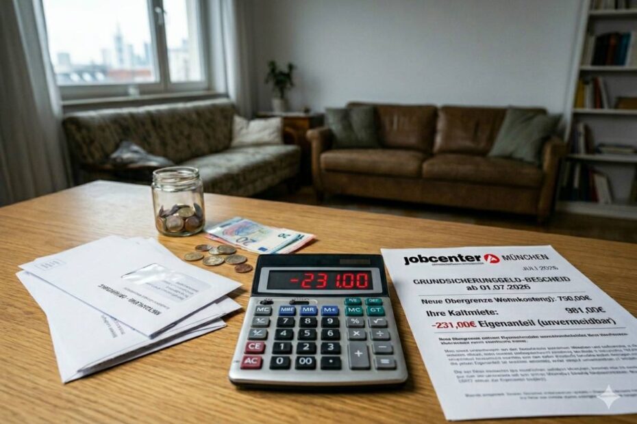 Nahaufnahme eines Bescheids zum Grundsicherungsgeld 2026, Taschenrechner mit Minusbetrag und Mietmahnung auf einem Tisch.