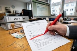 Nahaufnahme: Eine Hand unterstreicht mit rotem Marker die Kaltmiete auf einem Mietvertrag in einem Jobcenter-Büro.