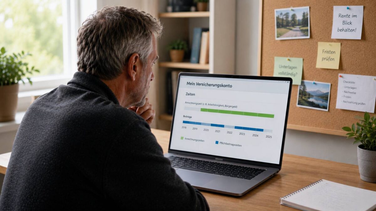 Ein älterer Mann prüft am Laptop seinen Versicherungsverlauf mit Anrechnungszeiten aus dem Bürgergeld-Bezug.