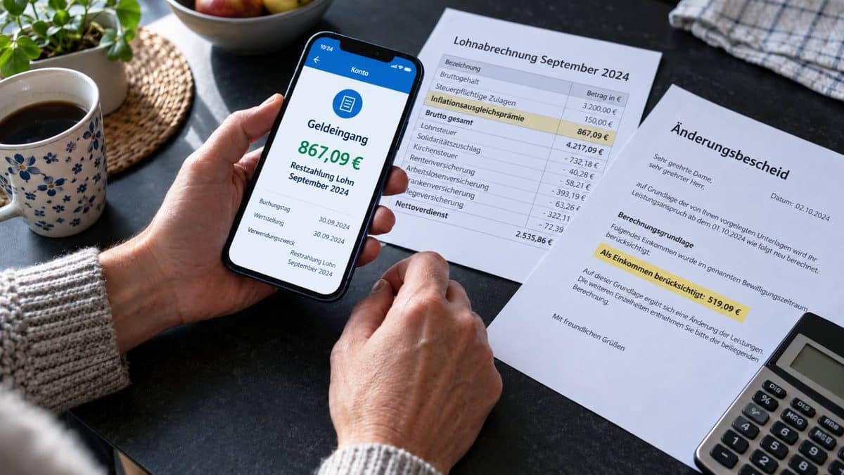 Bürgergeld-Empfänger vergleicht eine Arbeitgeber-Überweisung mit Lohnabrechnung und Jobcenter-Bescheid