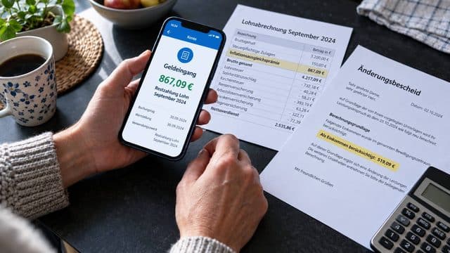 Bürgergeld-Empfänger vergleicht eine Arbeitgeber-Überweisung mit Lohnabrechnung und Jobcenter-Bescheid