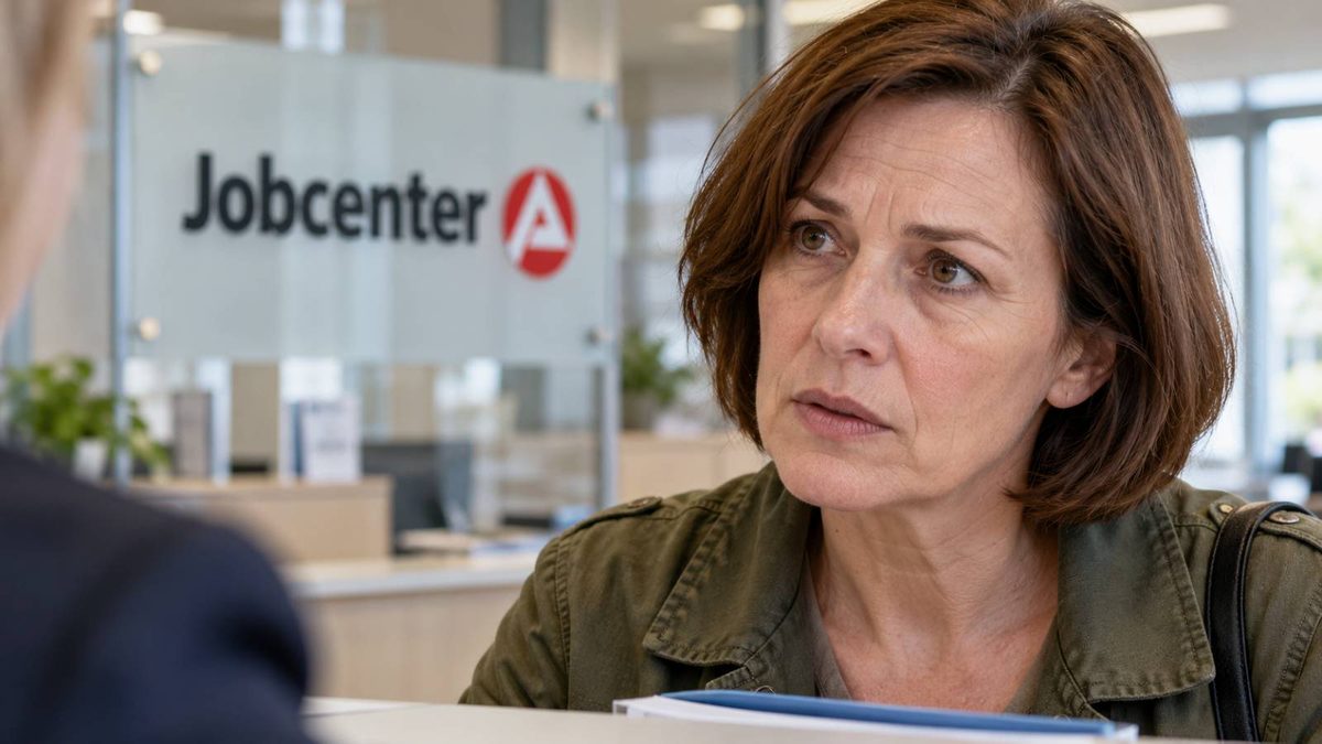 Nahaufnahme einer besorgten Frau im Gespräch am Jobcenter-Empfang