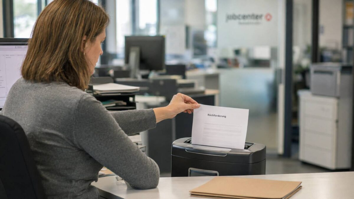Jobcenter-Mitarbeiterin vernichtet ein Rückforderungsschreiben in einem Aktenvernichter.