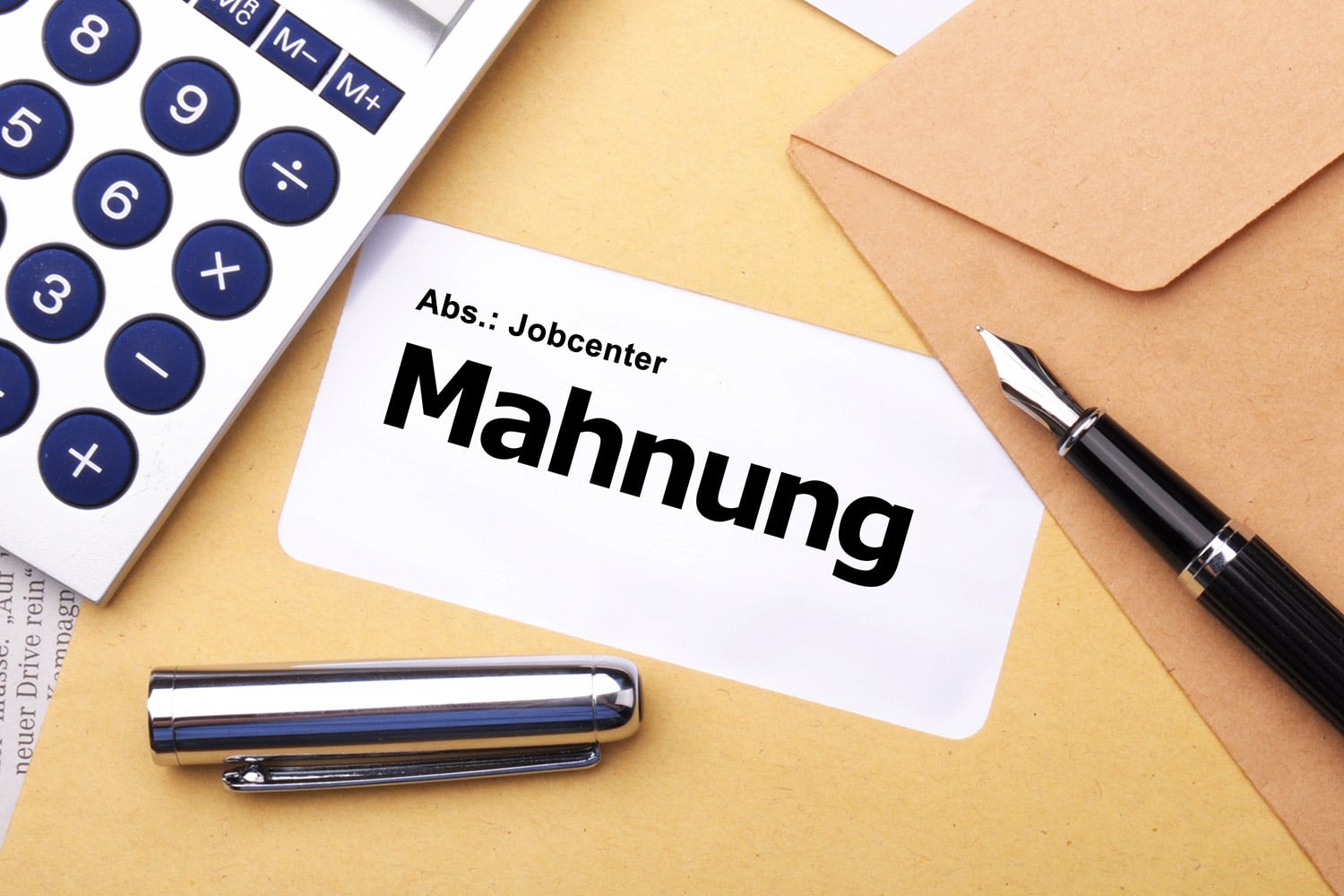 Gelber Umschlag mit "Mahnung" im Adressfenster, darauf Taschenrechner und Füller