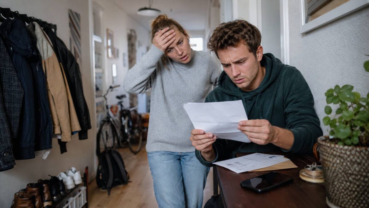 Zwei besorgt wirkende Mitbewohner lesen gemeinsam einen Brief im Wohnungsflur, im Hintergrund Fahrräder und Garderobe