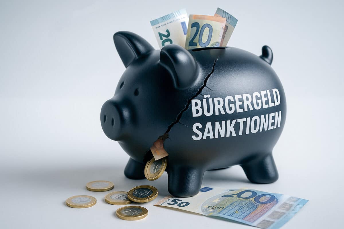 Schwarzes Sparschein, aufgeplatzt, mit der Aufschrift "Bürgergeld Sanktionen"