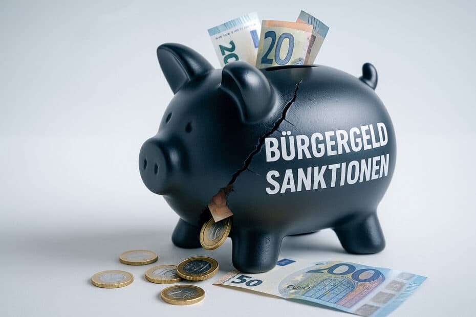 Schwarzes Sparschein, aufgeplatzt, mit der Aufschrift "Bürgergeld Sanktionen"