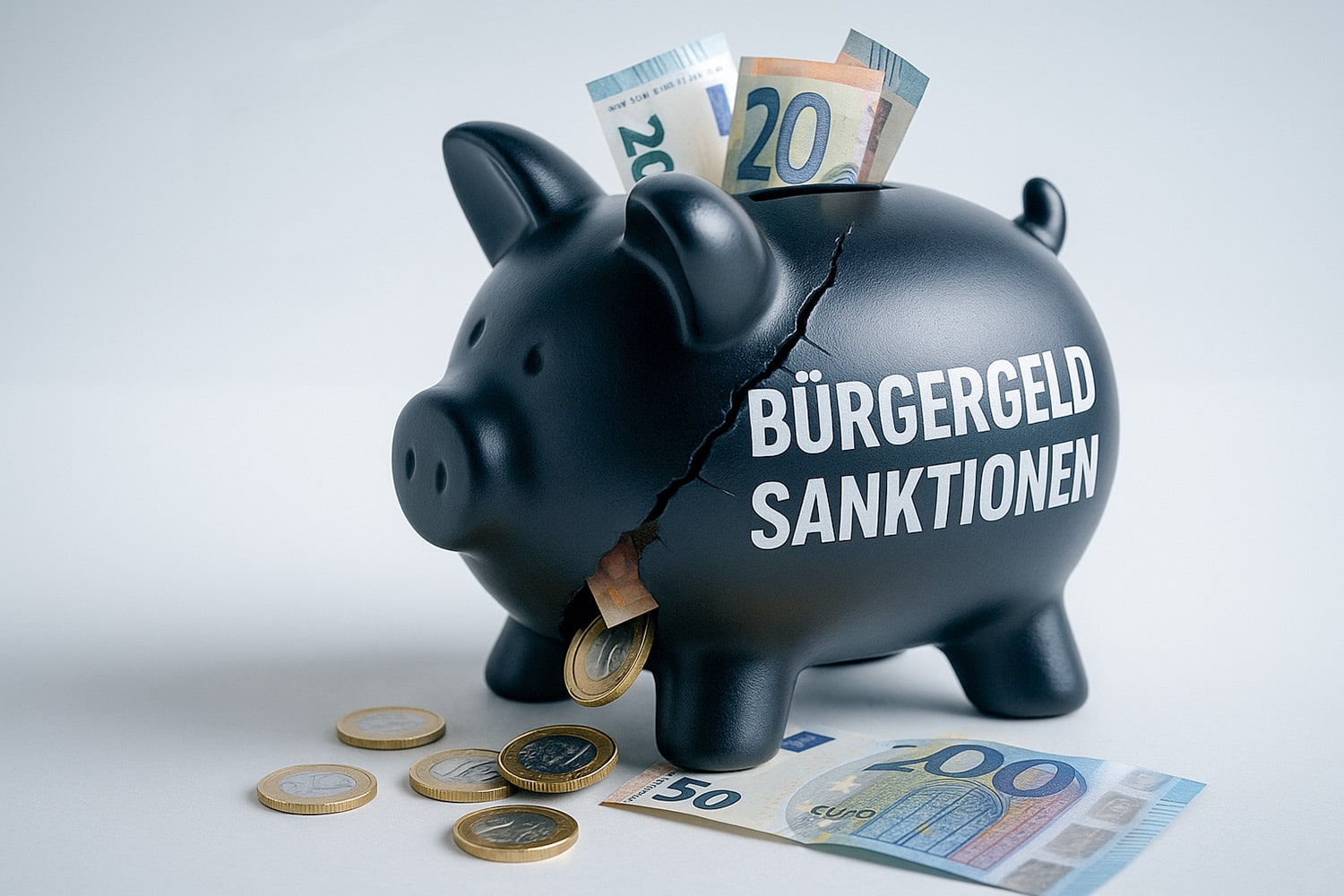 Schwarzes Sparschein, aufgeplatzt, mit der Aufschrift "Bürgergeld Sanktionen"