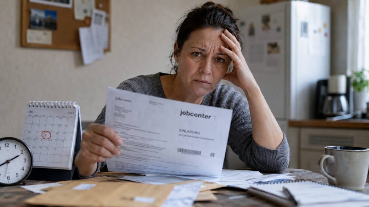 Besorgte Frau hält eine Einladung des Jobcenters in der Hand, während Kalender und Uhr auf einen verpassten Termin hinweisen