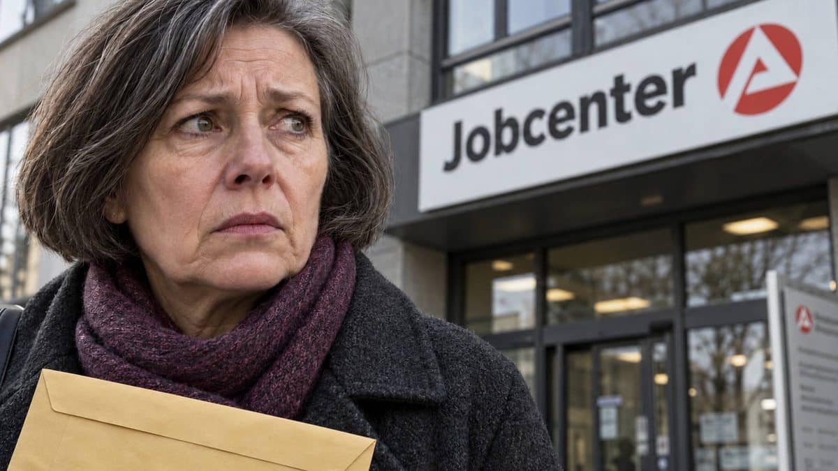 Besorgte Frau mit gelbem Briefumschlag vor einem Jobcenter.