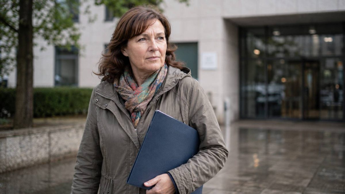 Erbin verlässt nach einem Streit um Bürgergeld-Schulden ein Gerichtsgebäude