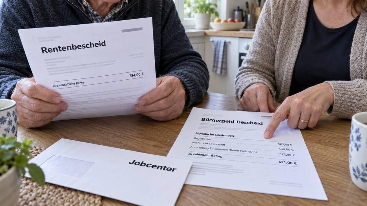 Ehepaar vergleicht einen Rentenbescheid mit einem Bürgergeld-Bescheid des Jobcenters