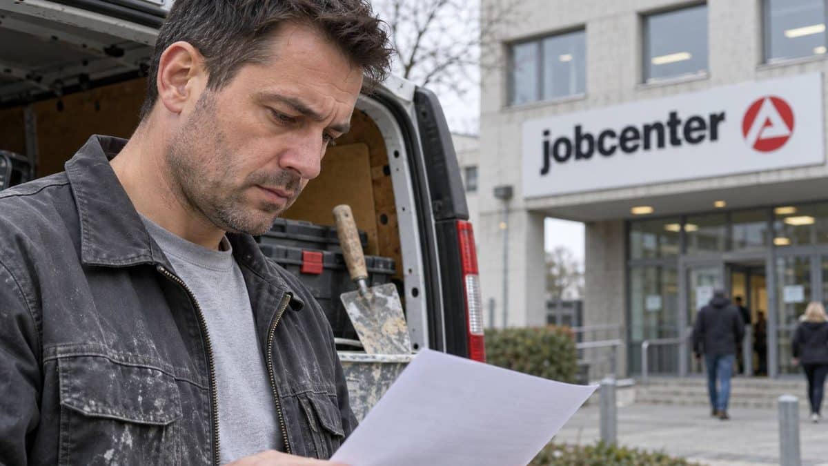 Mann in Arbeitskleidung liest Unterlagen neben einem Transporter, im Hintergrund ein Jobcenter.