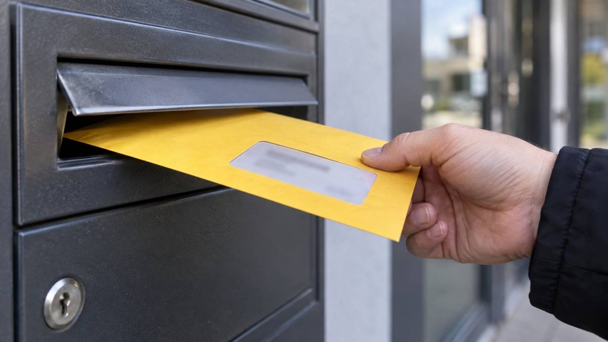 Eine Hand schiebt einen gelben Fensterumschlag in den Briefkasten eines Bürogebäudes.