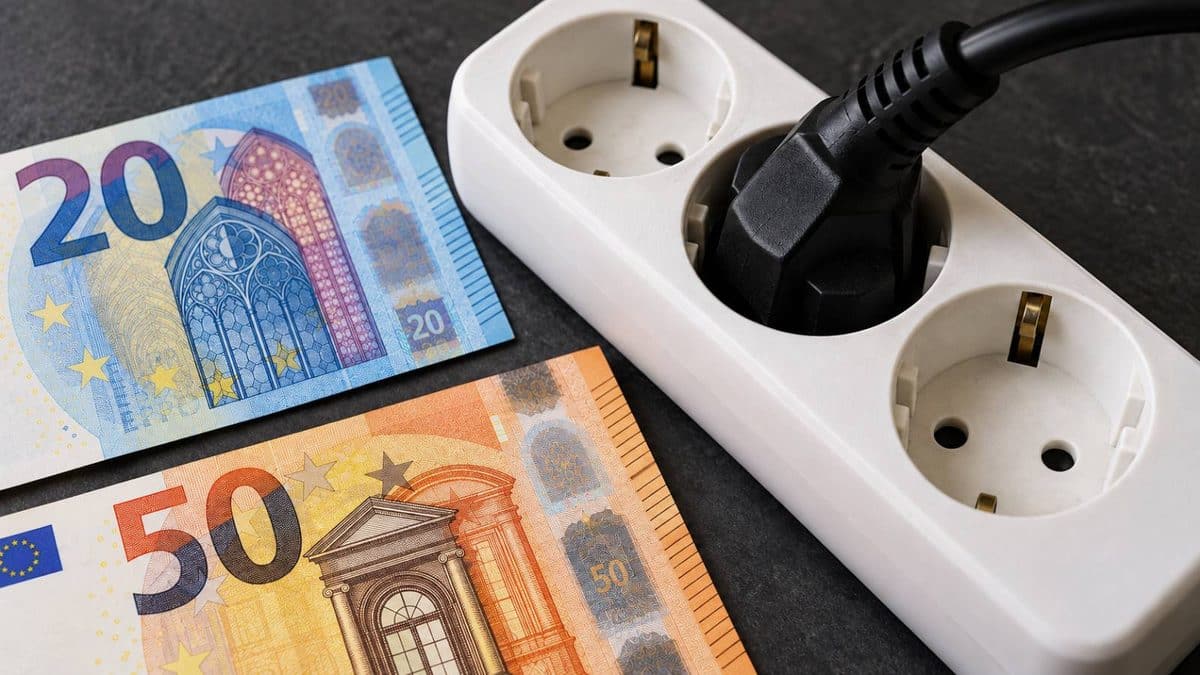 Eingesteckter Stromstecker in einer weißen Steckdosenleiste neben einem 20- und einem 50-Euro-Schein.
