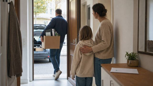 Trennung: Ein Partner zieht mit Umzugskarton aus, Mutter und Kind bleiben zurück – auf der Kommode liegt ein Behördenbrief.