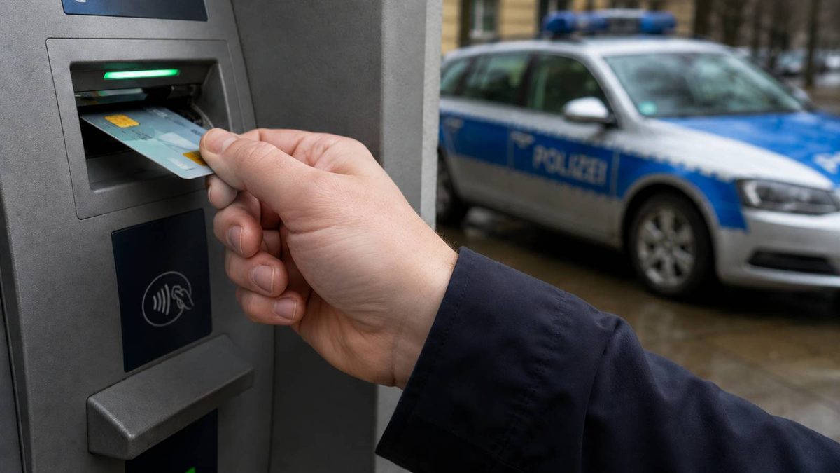 Hand steckt eine Bankkarte in den Geldautomaten, während im Hintergrund ein Polizeiwagen steht