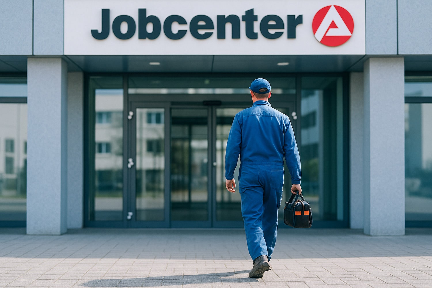 Mann im Arbeitsanzug auf dem Weg zum Jobcenter, symbolisch für Bürgergeld trotz Job