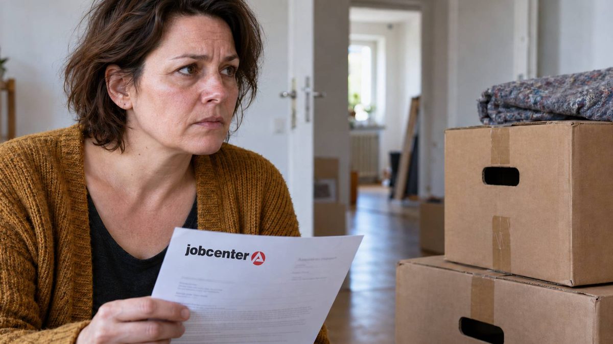 Besorgte Frau mit einem Jobcenter-Schreiben neben gepackten Umzugskartons.