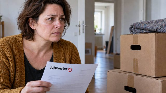 Besorgte Frau mit einem Jobcenter-Schreiben neben gepackten Umzugskartons.