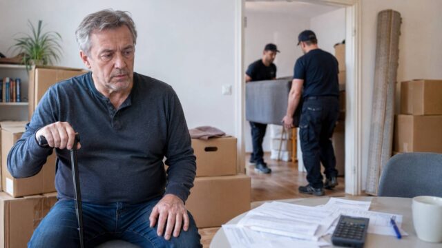 Mann mit Gehstock sitzt zwischen Umzugskartons, im Hintergrund tragen zwei Umzugshelfer Möbel, auf dem Tisch liegen Rechnungen und ein Taschenrechner