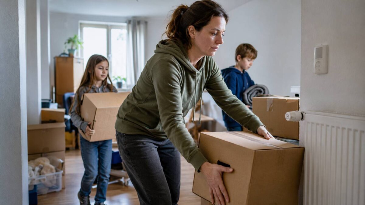 Mutter und zwei Kinder beim Einzug in eine neue Wohnung mit Umzugskartons.