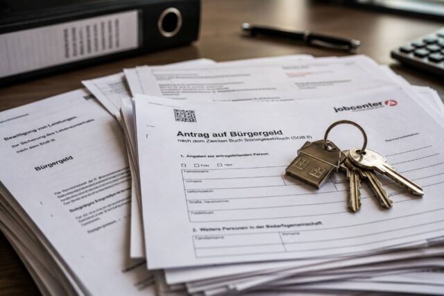 Formulare für den Bürgergeld-Antrag auf dem Schreibtisch, darauf liegen Wohnungsschlüssel