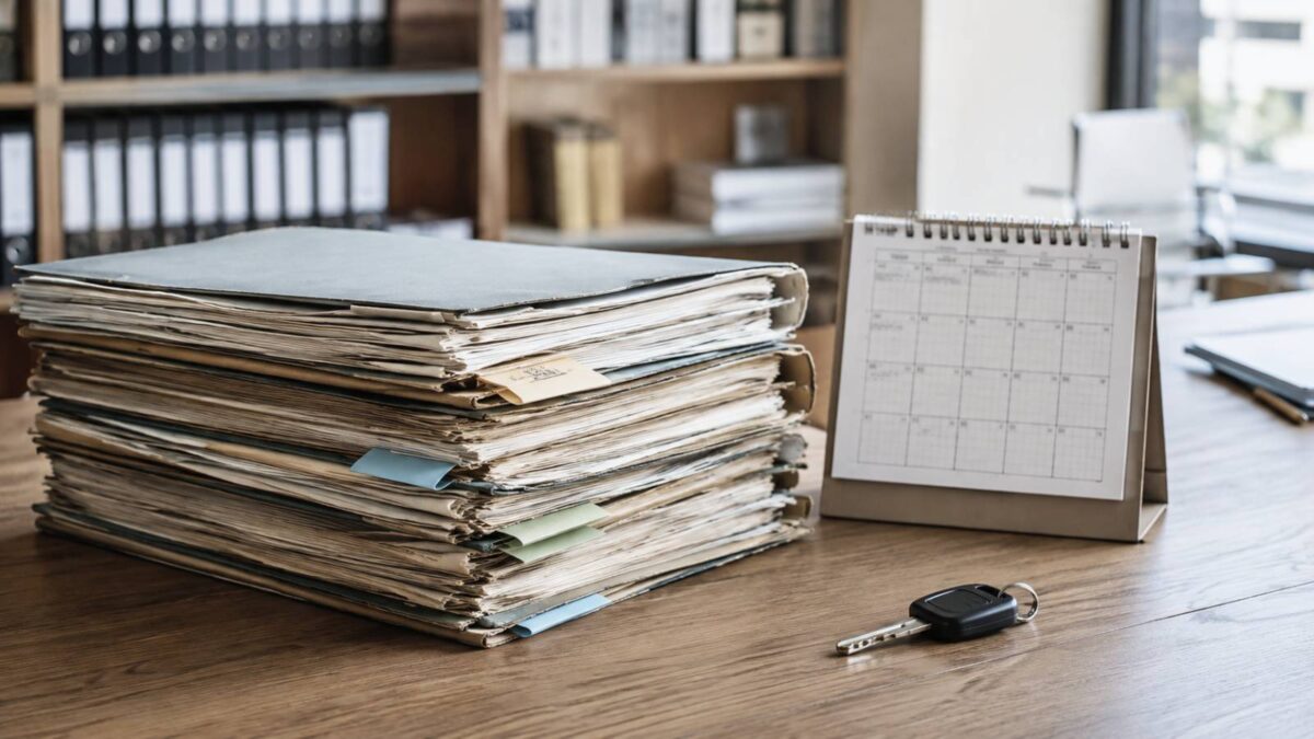 Gerichtsakten, Kalender und Autoschlüssel stehen für ein jahrelanges Bürgergeld-Verfahren