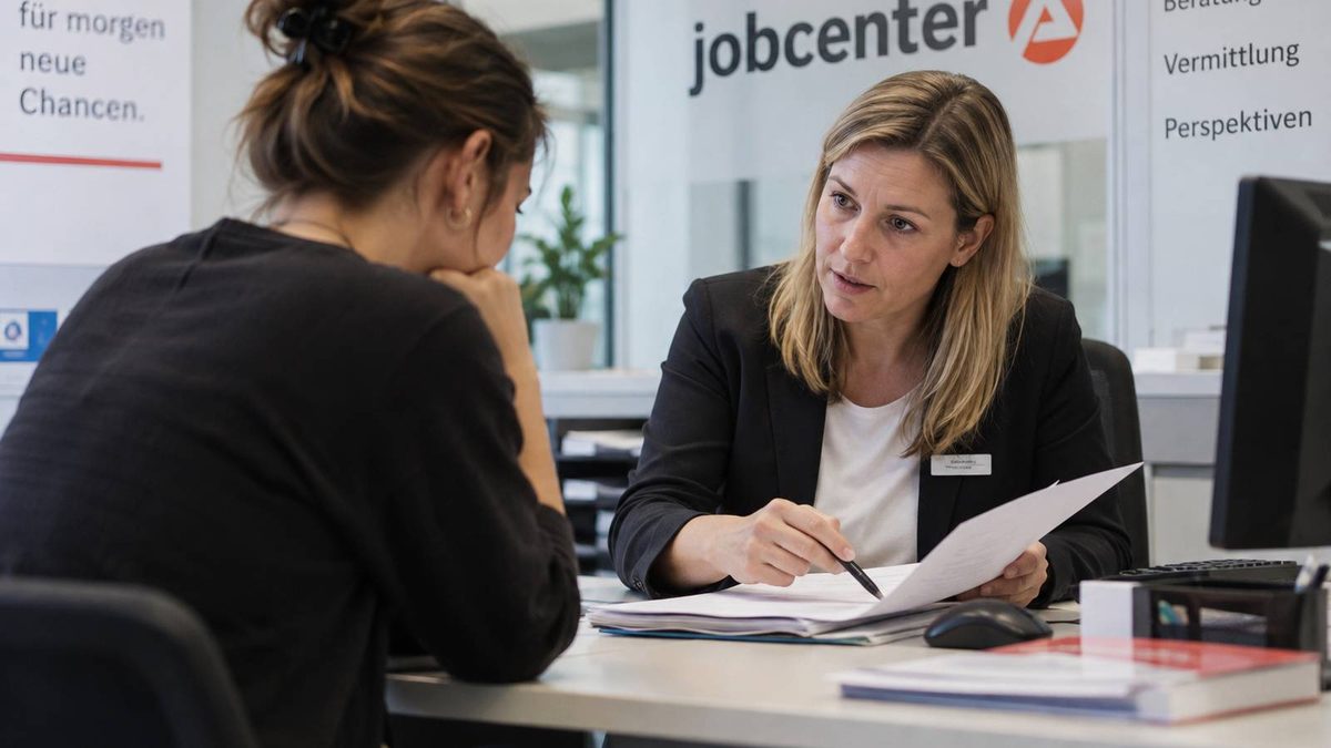 Beratungsgespräch im Jobcenter zwischen einer Sachbearbeiterin und einer jüngeren Frau zu Arbeit und Studium.