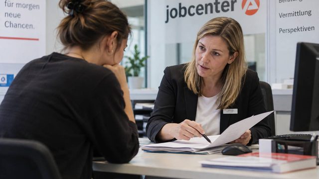 Beratungsgespräch im Jobcenter zwischen einer Sachbearbeiterin und einer jüngeren Frau zu Arbeit und Studium.
