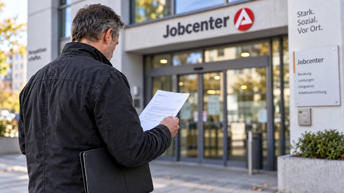 Mann liest einen Bescheid vor einem Jobcenter