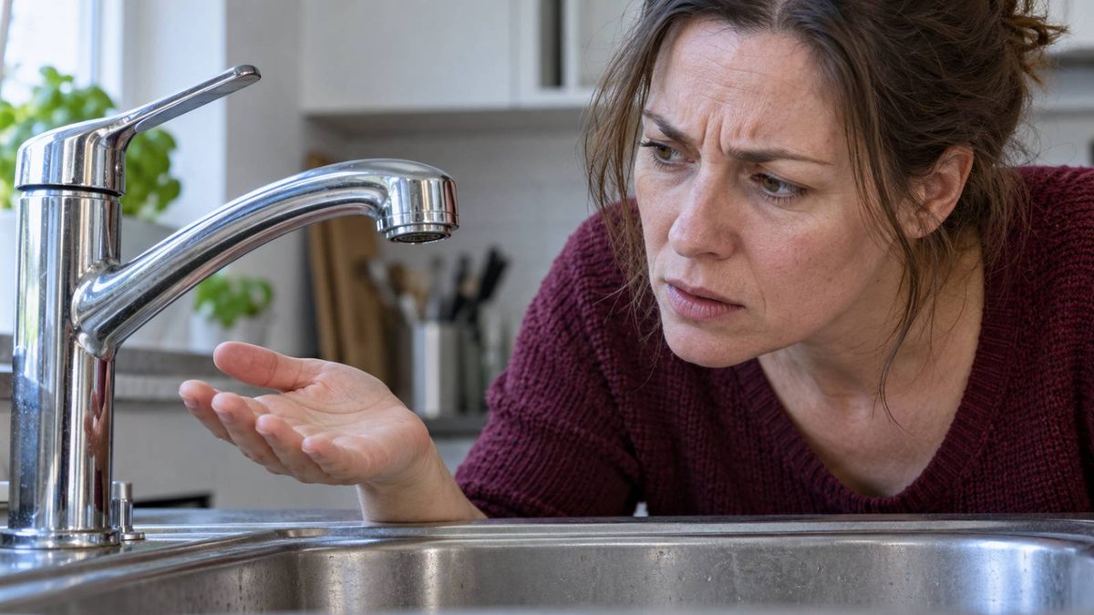 Frau hält die Hand unter einen Wasserhahn, aus dem kein Wasser kommt