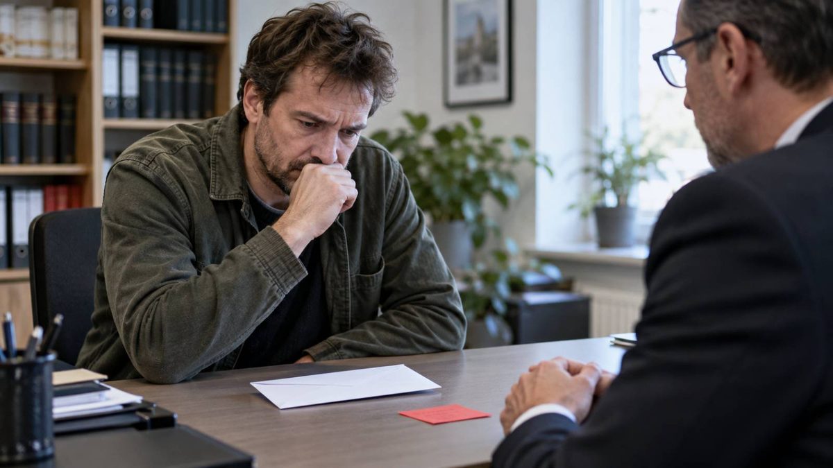 Besorgter Mann sitzt einem Anwalt gegenüber.